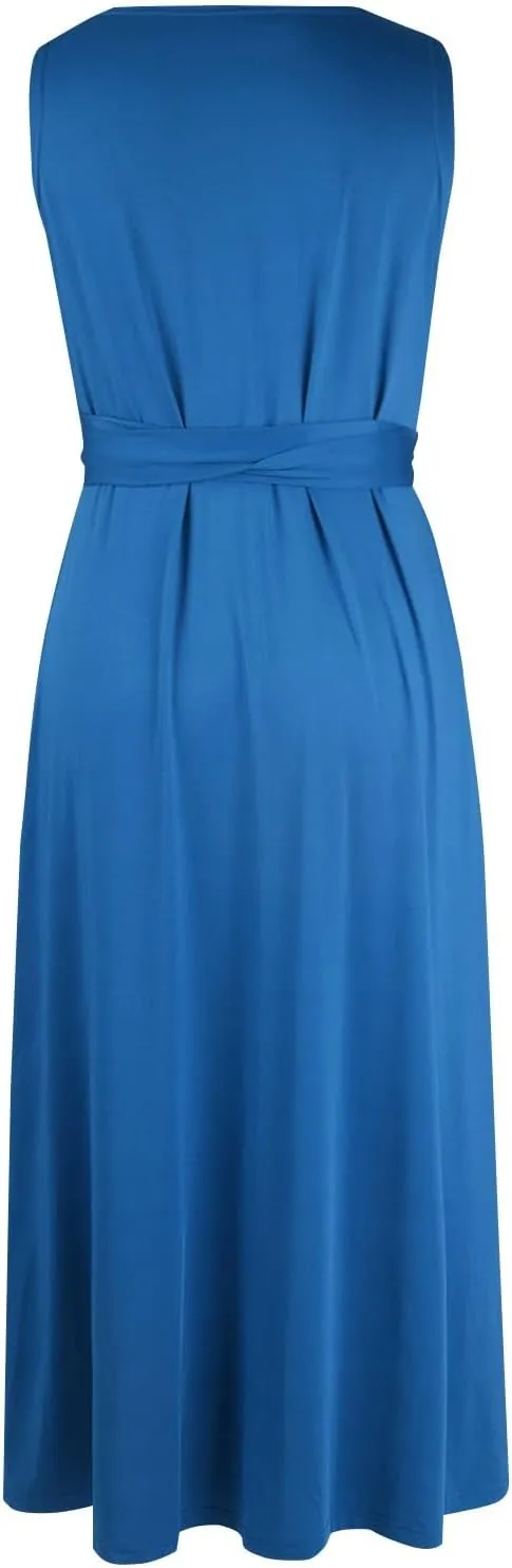 Women's Ruched Wrap V Neck Business Work Elegant Dress Sleeveless A Line Midi Ruched Church Dresses with Belt