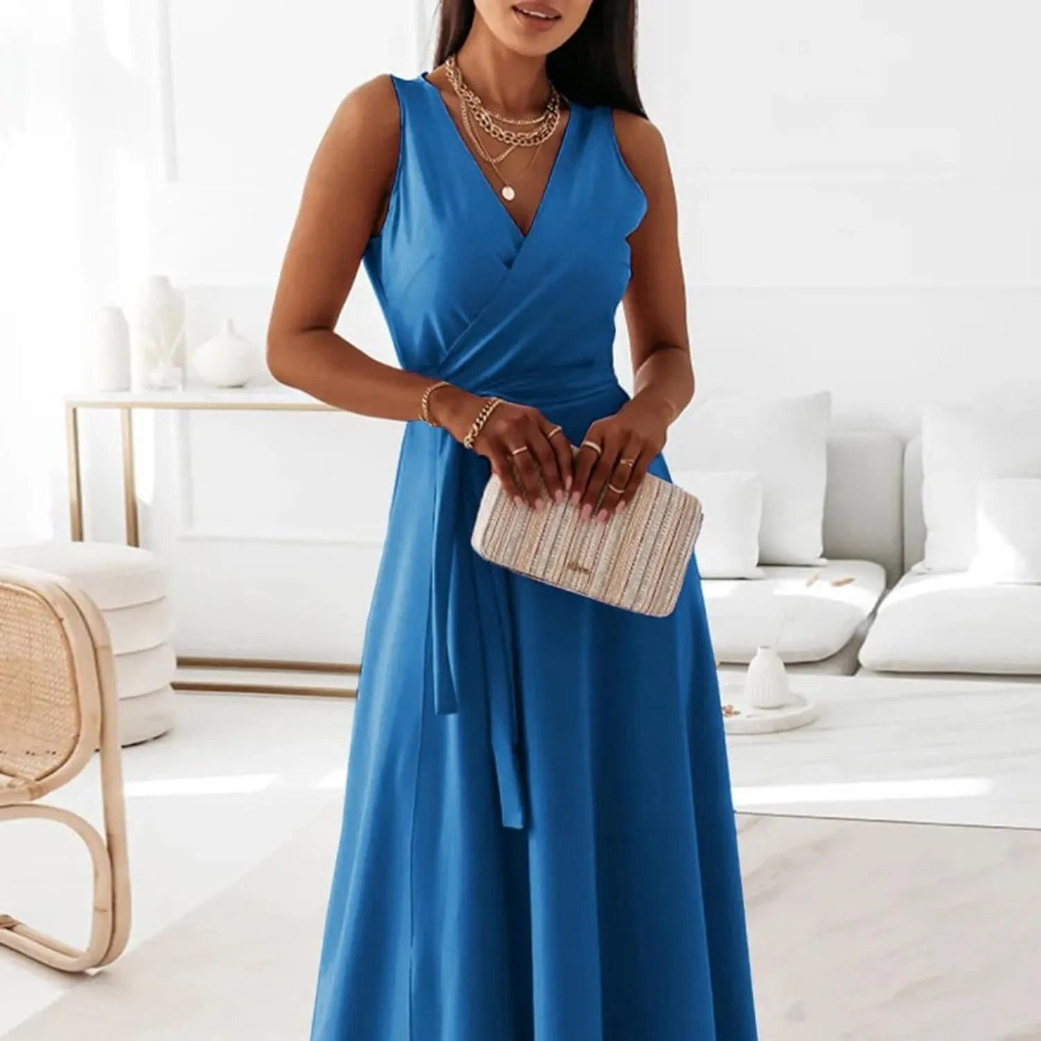 Women's Ruched Wrap V Neck Business Work Elegant Dress Sleeveless A Line Midi Ruched Church Dresses with Belt