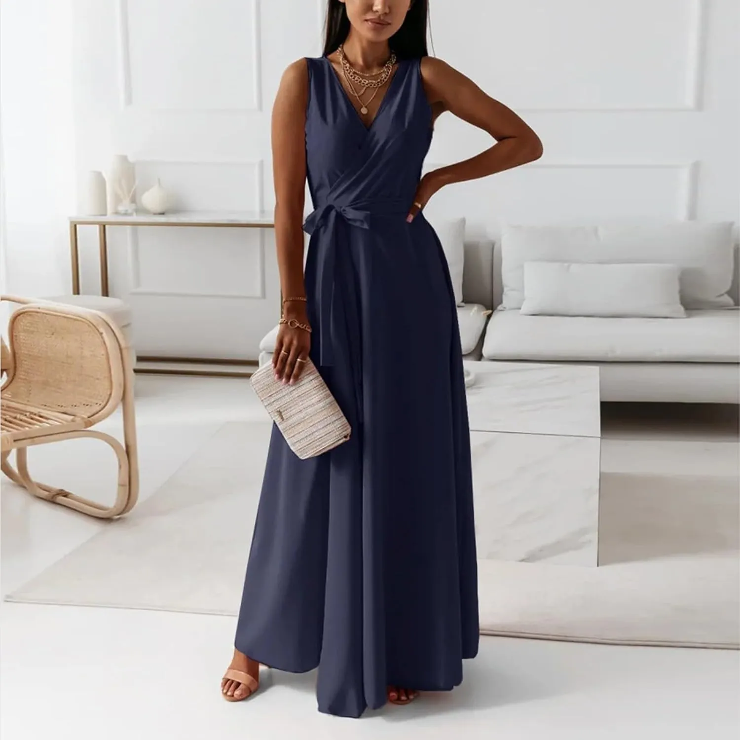 Women's Ruched Wrap V Neck Business Work Elegant Dress Sleeveless A Line Midi Ruched Church Dresses with Belt