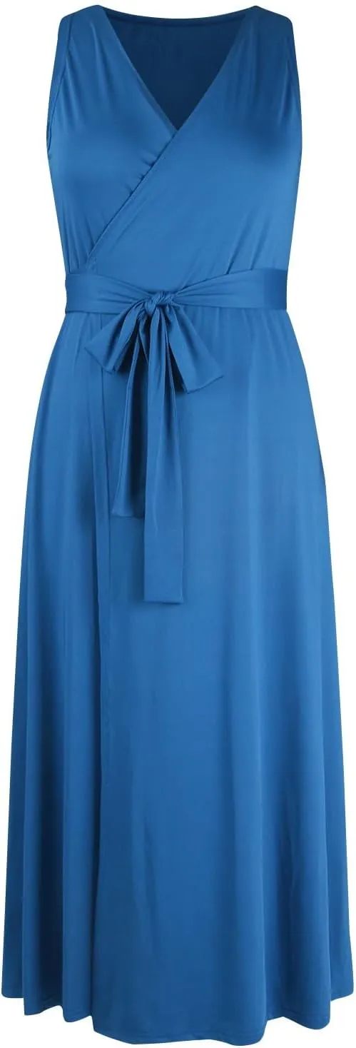 Women's Ruched Wrap V Neck Business Work Elegant Dress Sleeveless A Line Midi Ruched Church Dresses with Belt