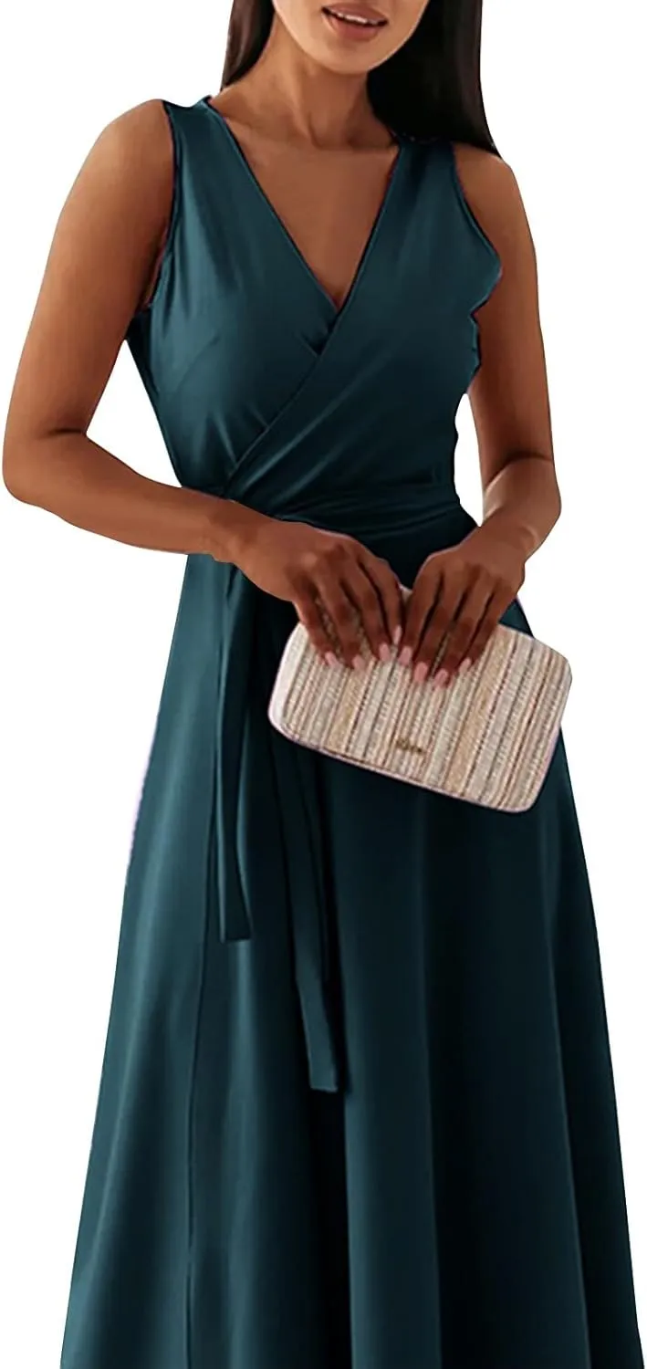 Women's Ruched Wrap V Neck Business Work Elegant Dress Sleeveless A Line Midi Ruched Church Dresses with Belt