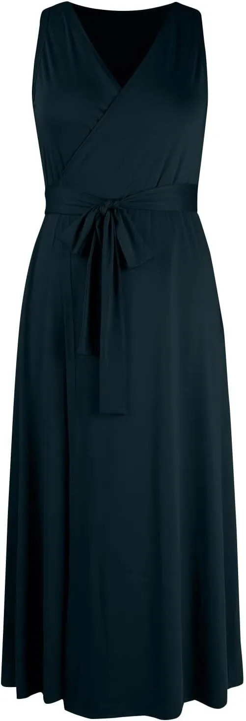 Women's Ruched Wrap V Neck Business Work Elegant Dress Sleeveless A Line Midi Ruched Church Dresses with Belt