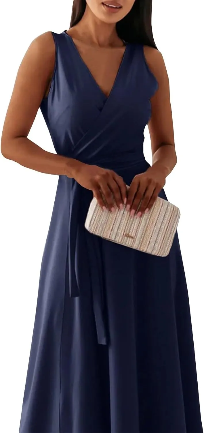 Women's Ruched Wrap V Neck Business Work Elegant Dress Sleeveless A Line Midi Ruched Church Dresses with Belt