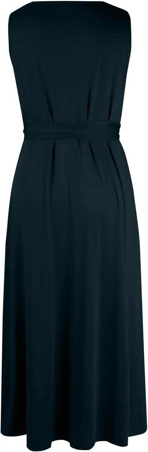 Women's Ruched Wrap V Neck Business Work Elegant Dress Sleeveless A Line Midi Ruched Church Dresses with Belt