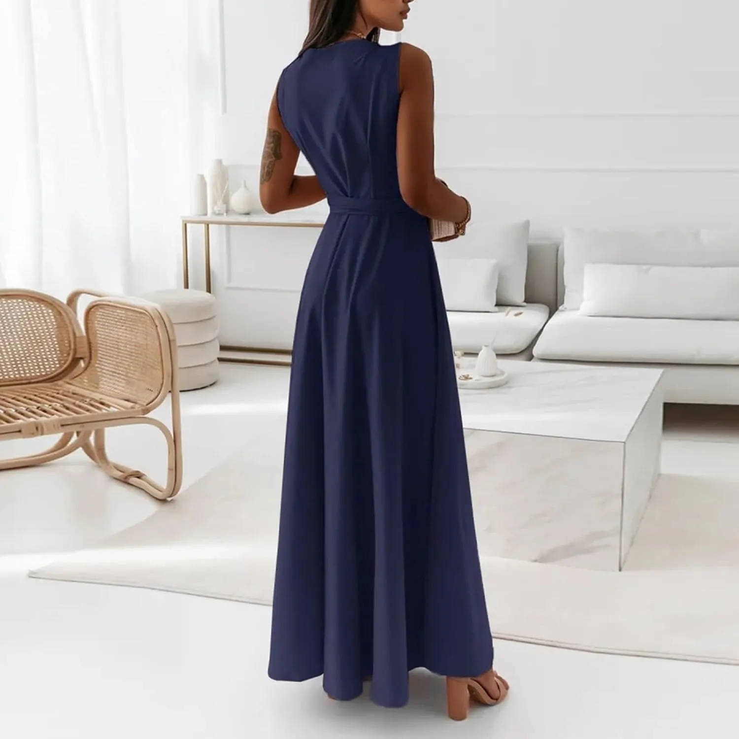Women's Ruched Wrap V Neck Business Work Elegant Dress Sleeveless A Line Midi Ruched Church Dresses with Belt
