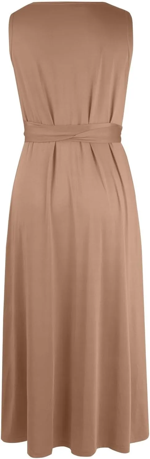 Women's Ruched Wrap V Neck Business Work Elegant Dress Sleeveless A Line Midi Ruched Church Dresses with Belt