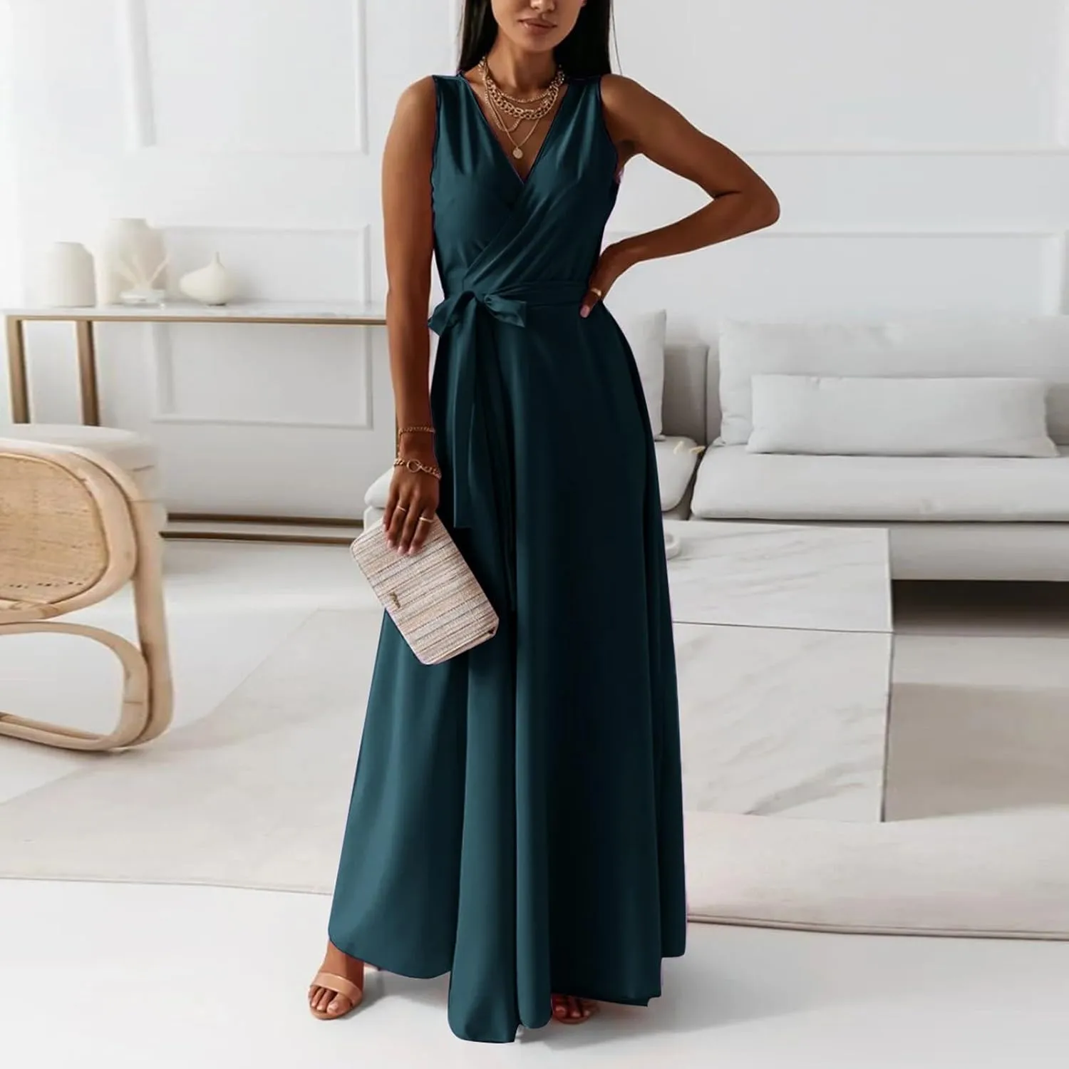 Women's Ruched Wrap V Neck Business Work Elegant Dress Sleeveless A Line Midi Ruched Church Dresses with Belt