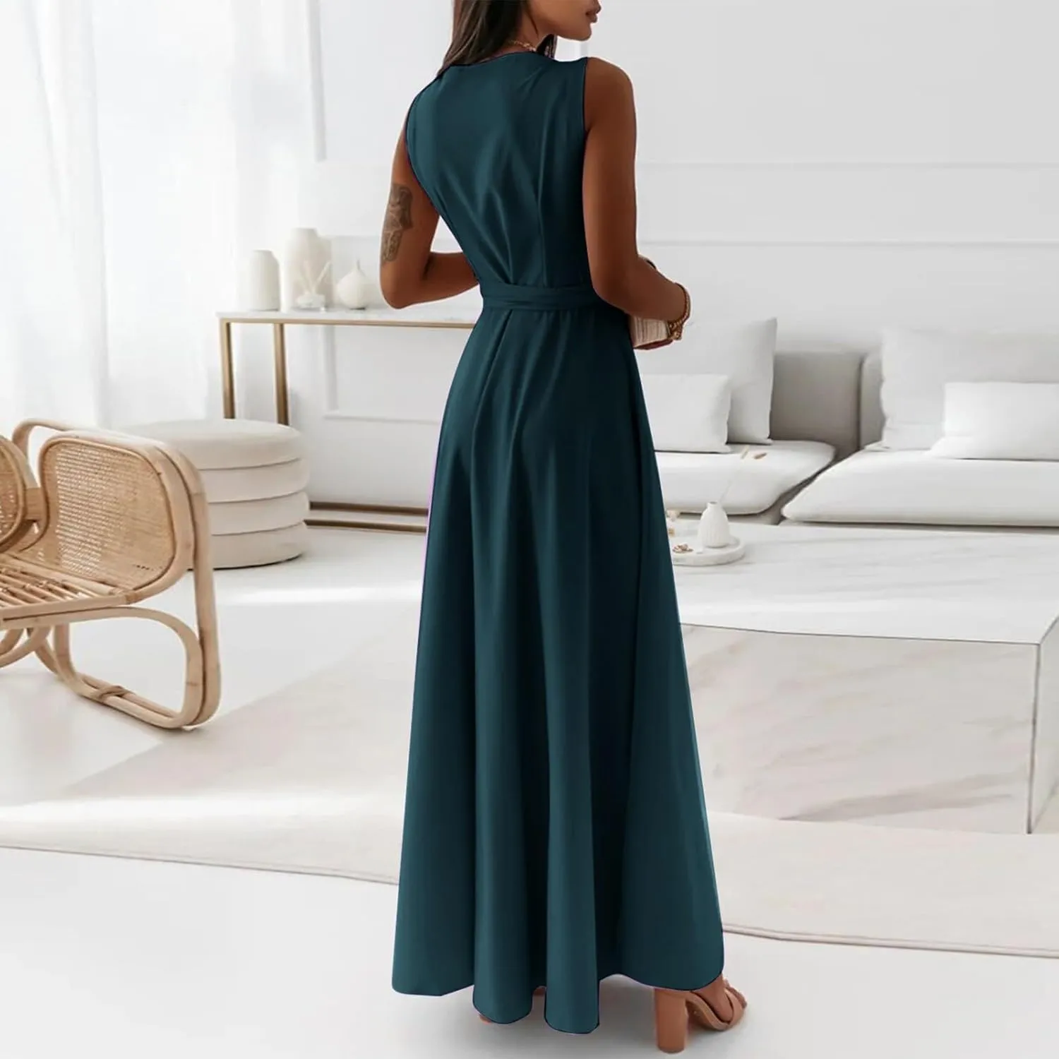 Women's Ruched Wrap V Neck Business Work Elegant Dress Sleeveless A Line Midi Ruched Church Dresses with Belt