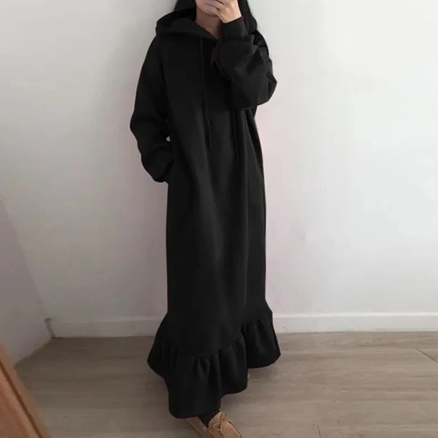 Women's Ruffle Hem Winter Maxi Sweatshirt Dress Plus Size Hooded Long Sleeve Casual Loose Fit Robe Shirt Dresses