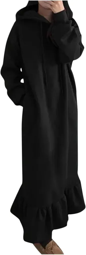 Women's Ruffle Hem Winter Maxi Sweatshirt Dress Plus Size Hooded Long Sleeve Casual Loose Fit Robe Shirt Dresses