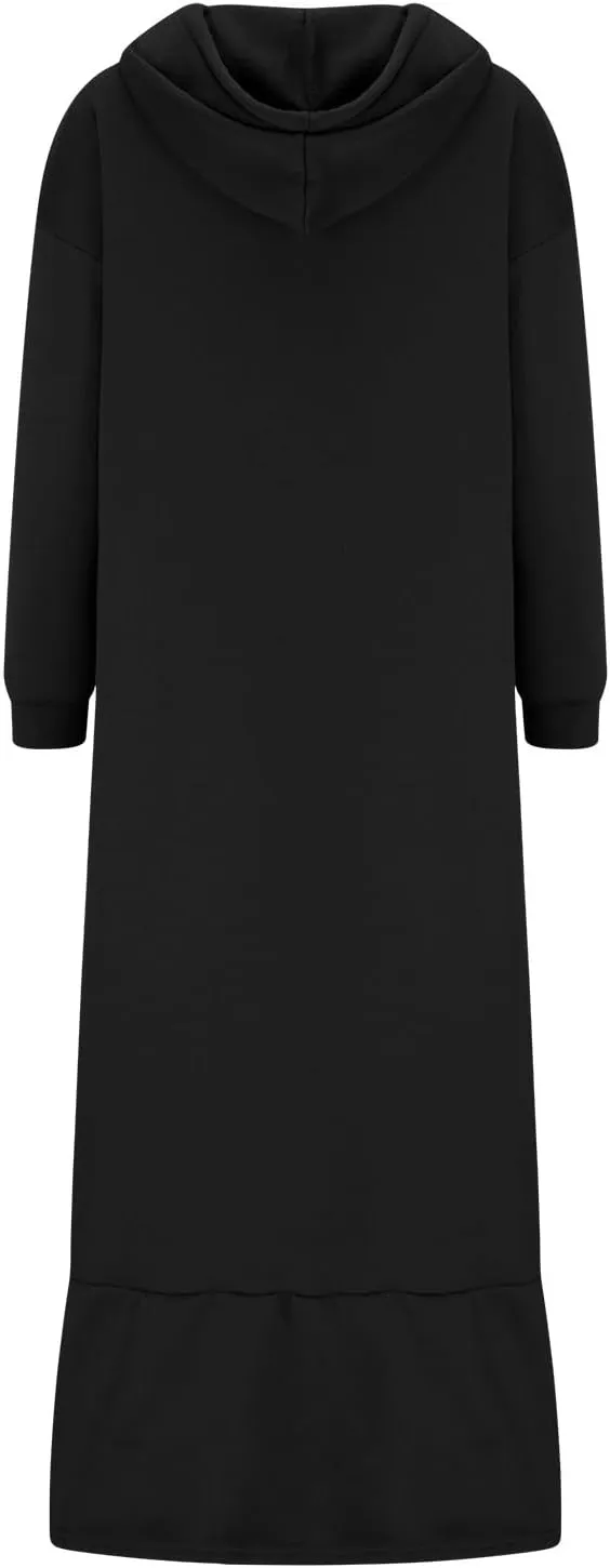 Women's Ruffle Hem Winter Maxi Sweatshirt Dress Plus Size Hooded Long Sleeve Casual Loose Fit Robe Shirt Dresses
