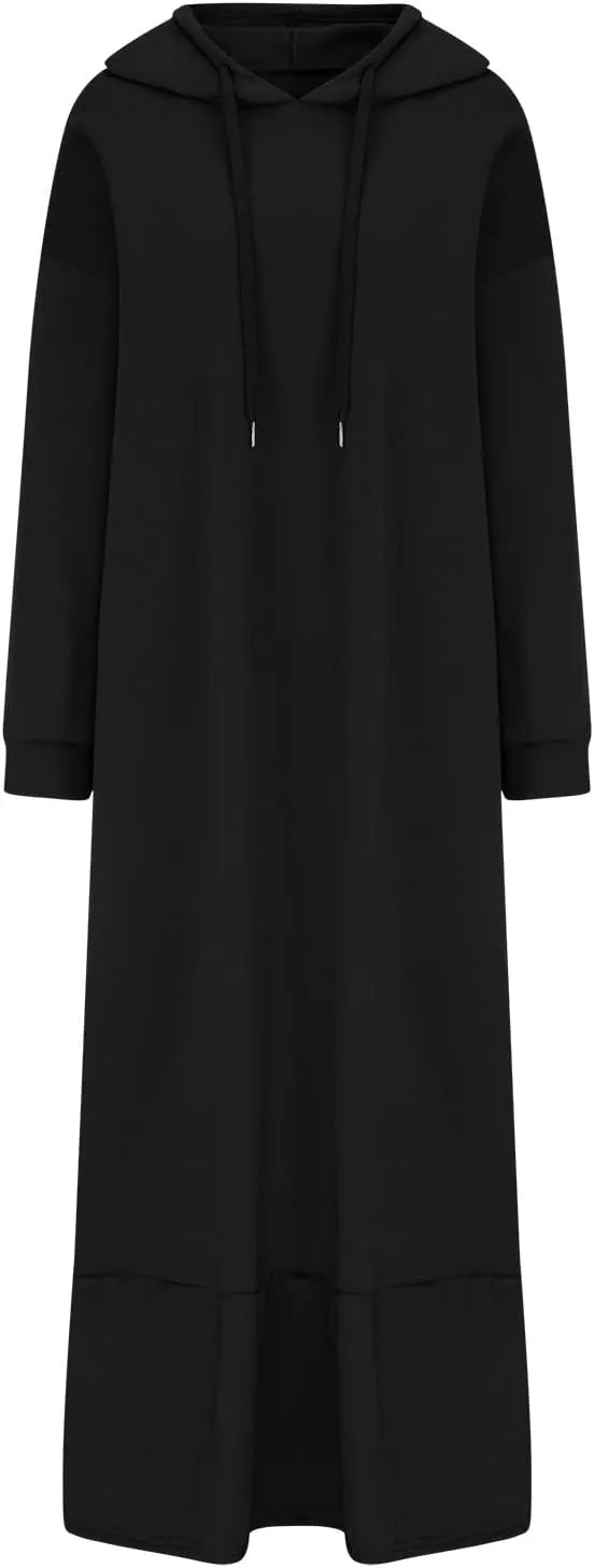 Women's Ruffle Hem Winter Maxi Sweatshirt Dress Plus Size Hooded Long Sleeve Casual Loose Fit Robe Shirt Dresses