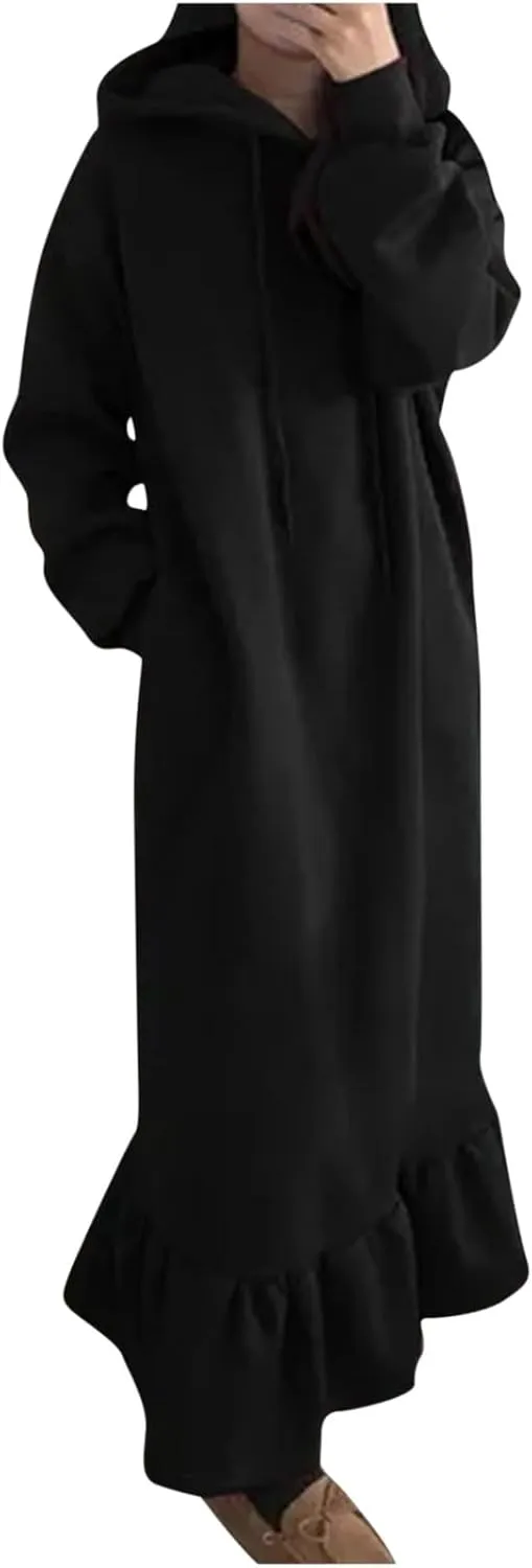 Women's Ruffle Hem Winter Maxi Sweatshirt Dress Plus Size Hooded Long Sleeve Casual Loose Fit Robe Shirt Dresses