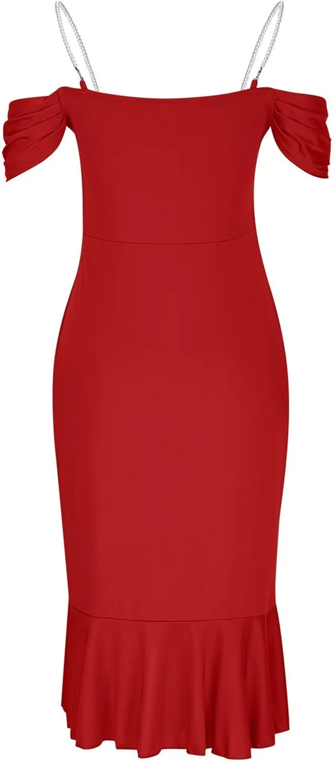 Womens Sexy Evening Party Bodycon Dress Off The Shoulder Pearls Strap Slit Midi Dress Ruffle Hem Cocktail Dresses