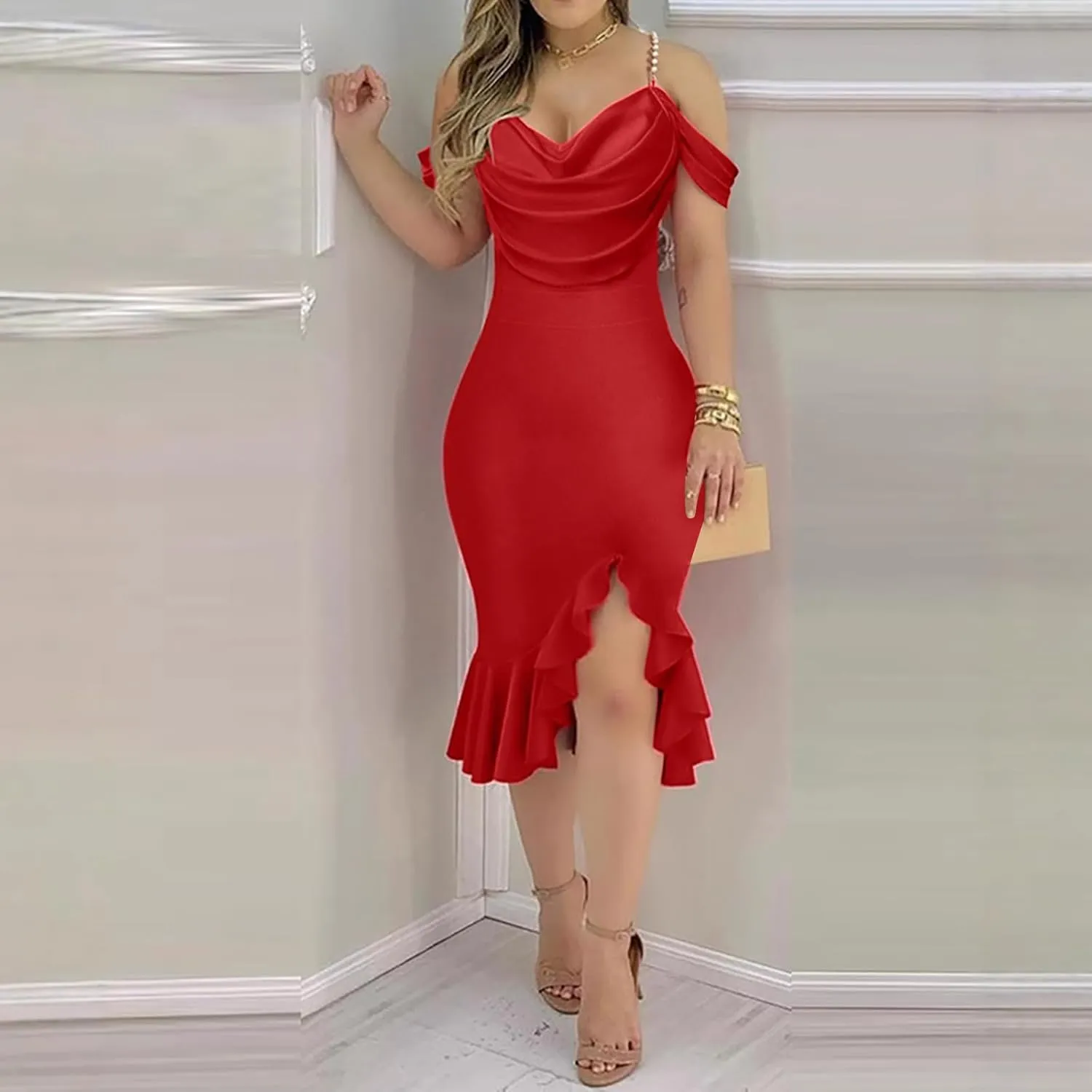 Womens Sexy Evening Party Bodycon Dress Off The Shoulder Pearls Strap Slit Midi Dress Ruffle Hem Cocktail Dresses