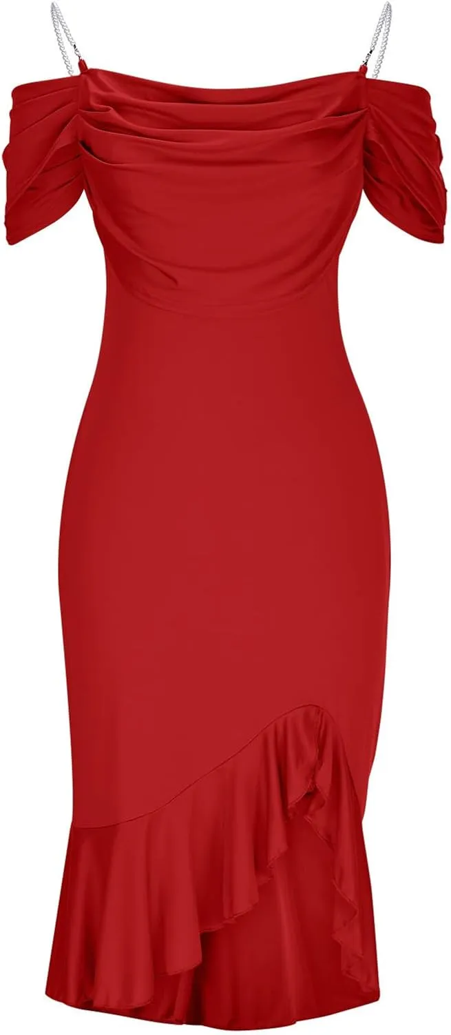 Womens Sexy Evening Party Bodycon Dress Off The Shoulder Pearls Strap Slit Midi Dress Ruffle Hem Cocktail Dresses