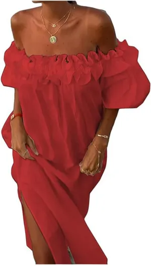 Womens Sexy Off Shoulder Dress Casual Loose Short Sleeve High Waist Side Split Flowy A Line Long Maxi Dress