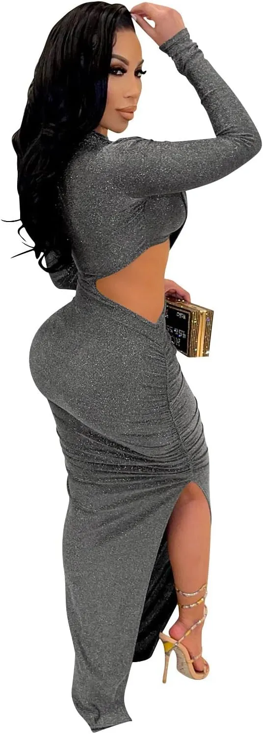 Women's Sexy Ruched Long Sleeve Bodycon Dress Cut Out Solid Color Basic Fitted Elegant Midi Dresses