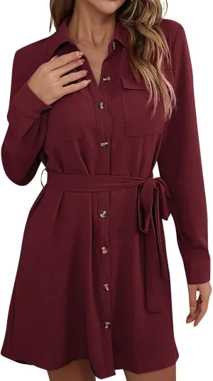 Womens Shirt Dresses Long Sleeve Collar Button Up Work Flowy A-Line Tie Waist Short Mini Dress with Pockets