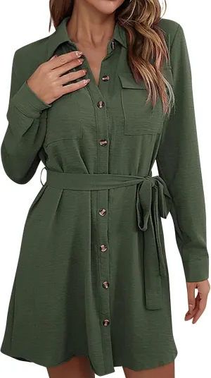 Womens Shirt Dresses Long Sleeve Collar Button Up Work Flowy A-Line Tie Waist Short Mini Dress with Pockets