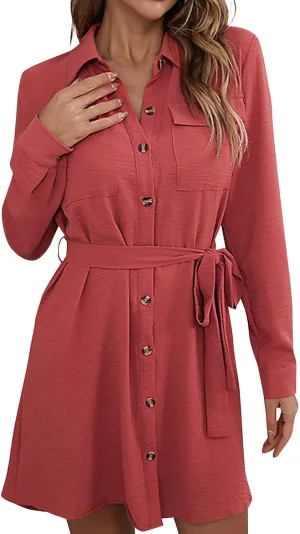 Womens Shirt Dresses Long Sleeve Collar Button Up Work Flowy A-Line Tie Waist Short Mini Dress with Pockets