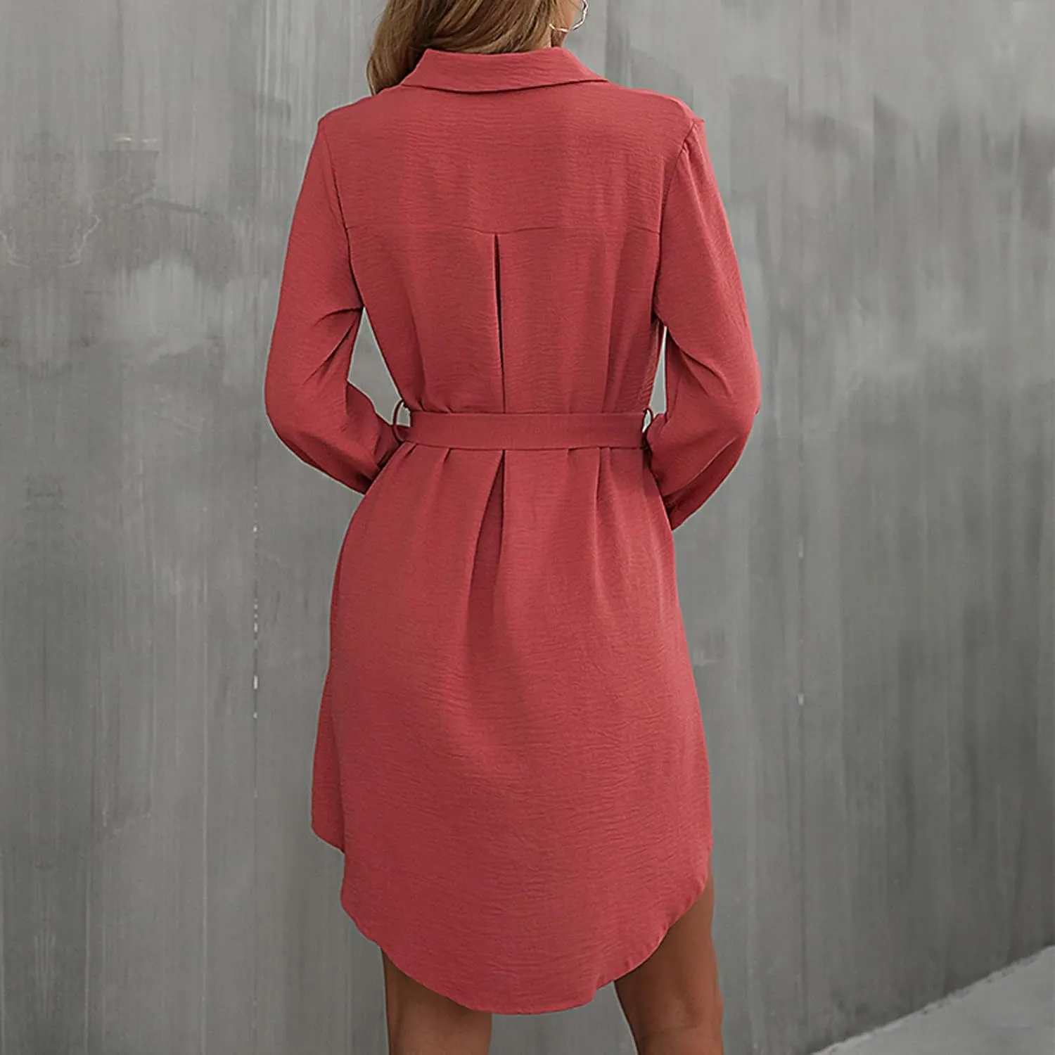 Womens Shirt Dresses Long Sleeve Collar Button Up Work Flowy A-Line Tie Waist Short Mini Dress with Pockets