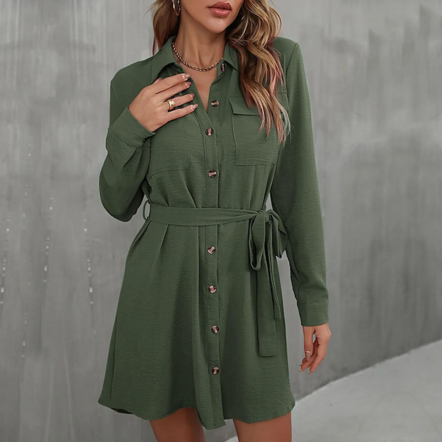 Womens Shirt Dresses Long Sleeve Collar Button Up Work Flowy A-Line Tie Waist Short Mini Dress with Pockets