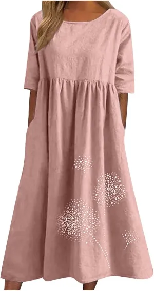 Women's Short Sleeve Linen Midi Dresses Trend Floral Print Casual Loose Plus Size Beach Dress for Women with Pockets