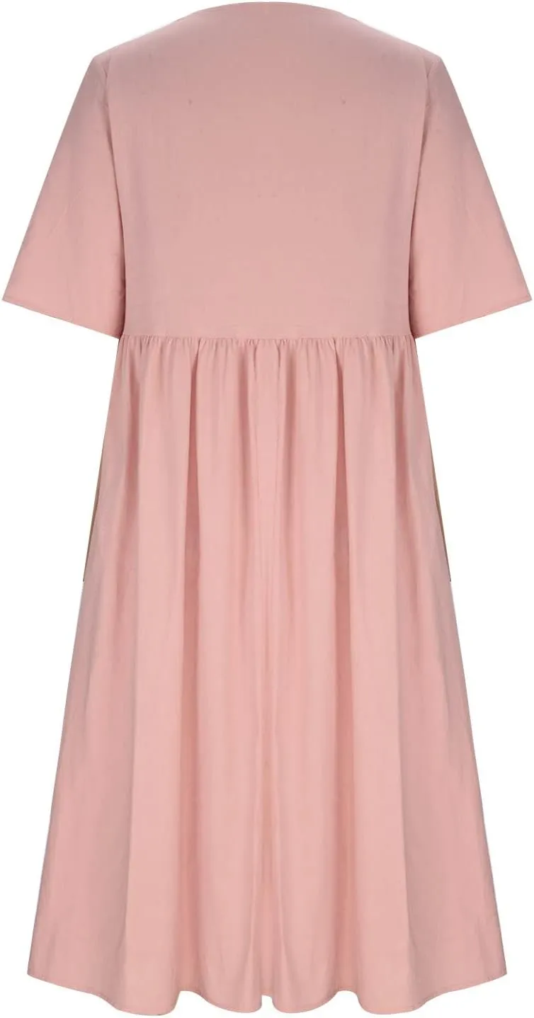 Women's Short Sleeve Linen Midi Dresses Trend Floral Print Casual Loose Plus Size Beach Dress for Women with Pockets