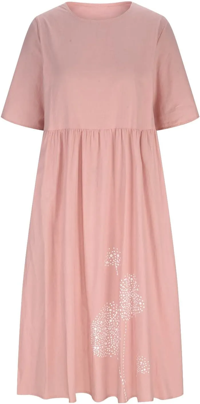 Women's Short Sleeve Linen Midi Dresses Trend Floral Print Casual Loose Plus Size Beach Dress for Women with Pockets