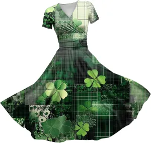 Women's Short Sleeve Loose Dress Comfy Slim V-Neck Daily Waisted Shirred Dressy Casual Shamrock Print Dresses