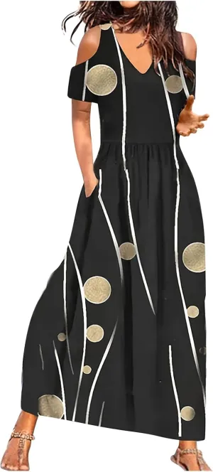Women's Short Sleeve Loose Plain Casual Long Maxi Dresses for Women V-Neck Slit Casual Travel T-Shirt Dress