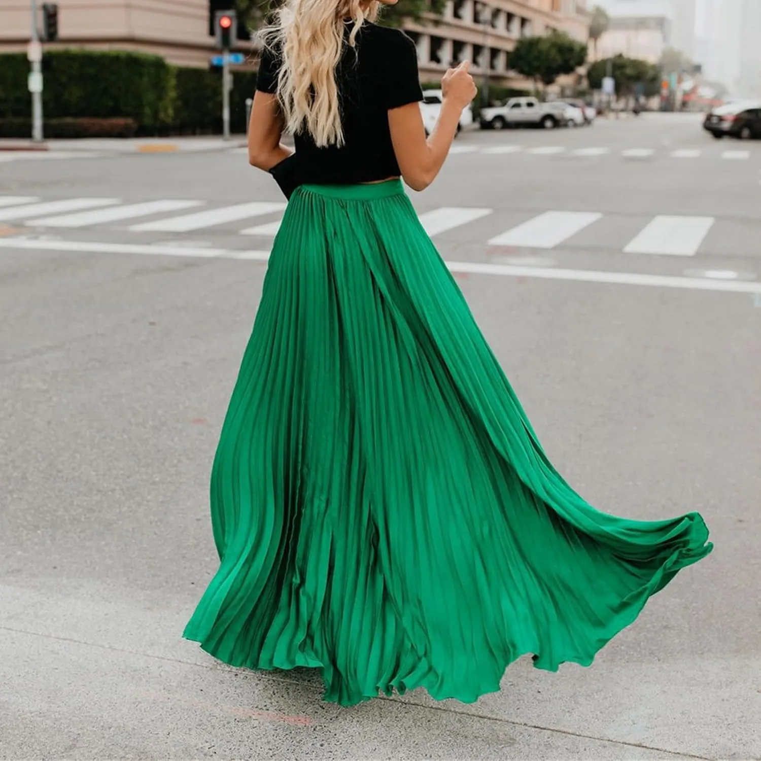 Womens Skirt Midi Long Shirring Skirts High Waisted Swing Boho A Line Skirts Casual Flowy Pleated Chiffon Maxi Skirt