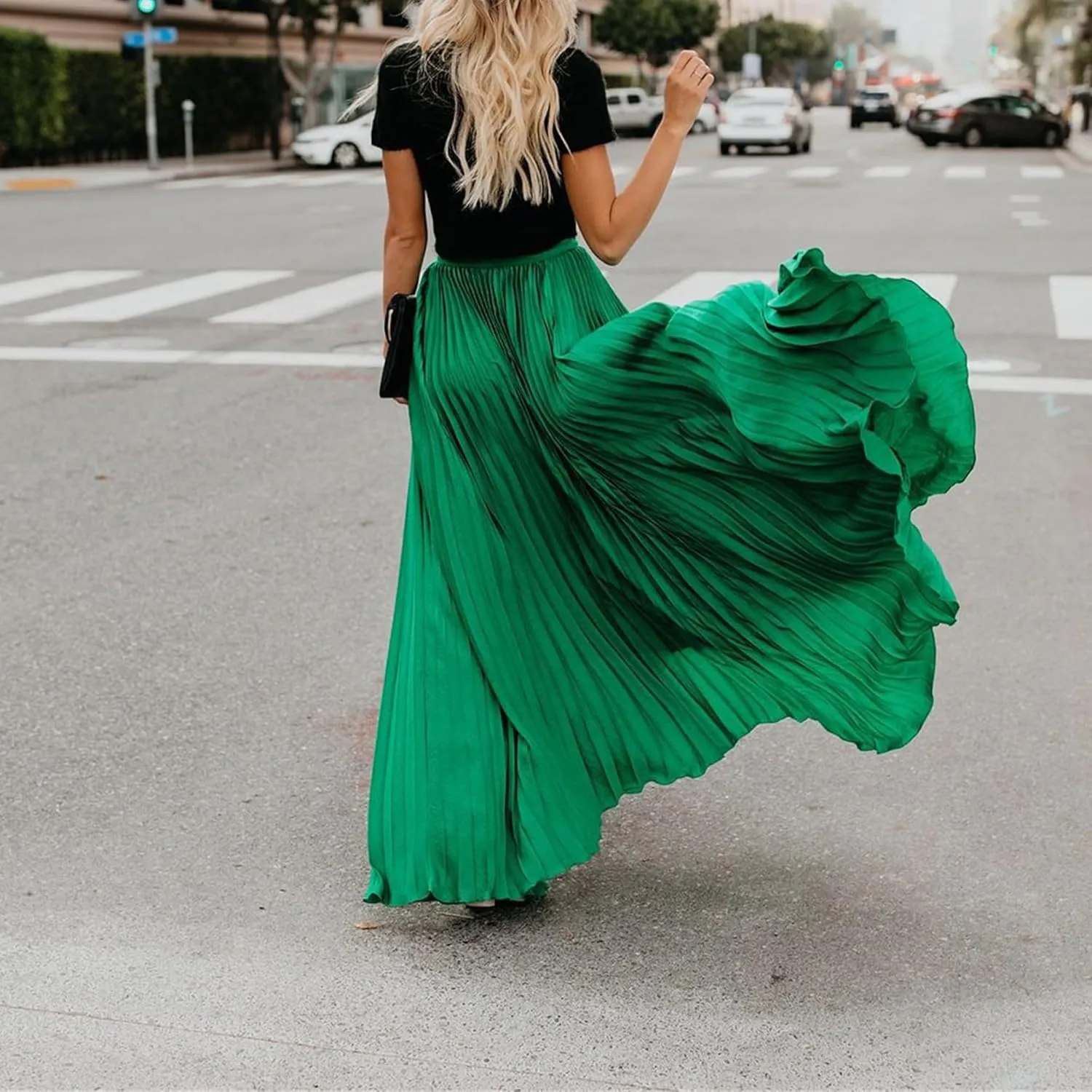 Womens Skirt Midi Long Shirring Skirts High Waisted Swing Boho A Line Skirts Casual Flowy Pleated Chiffon Maxi Skirt