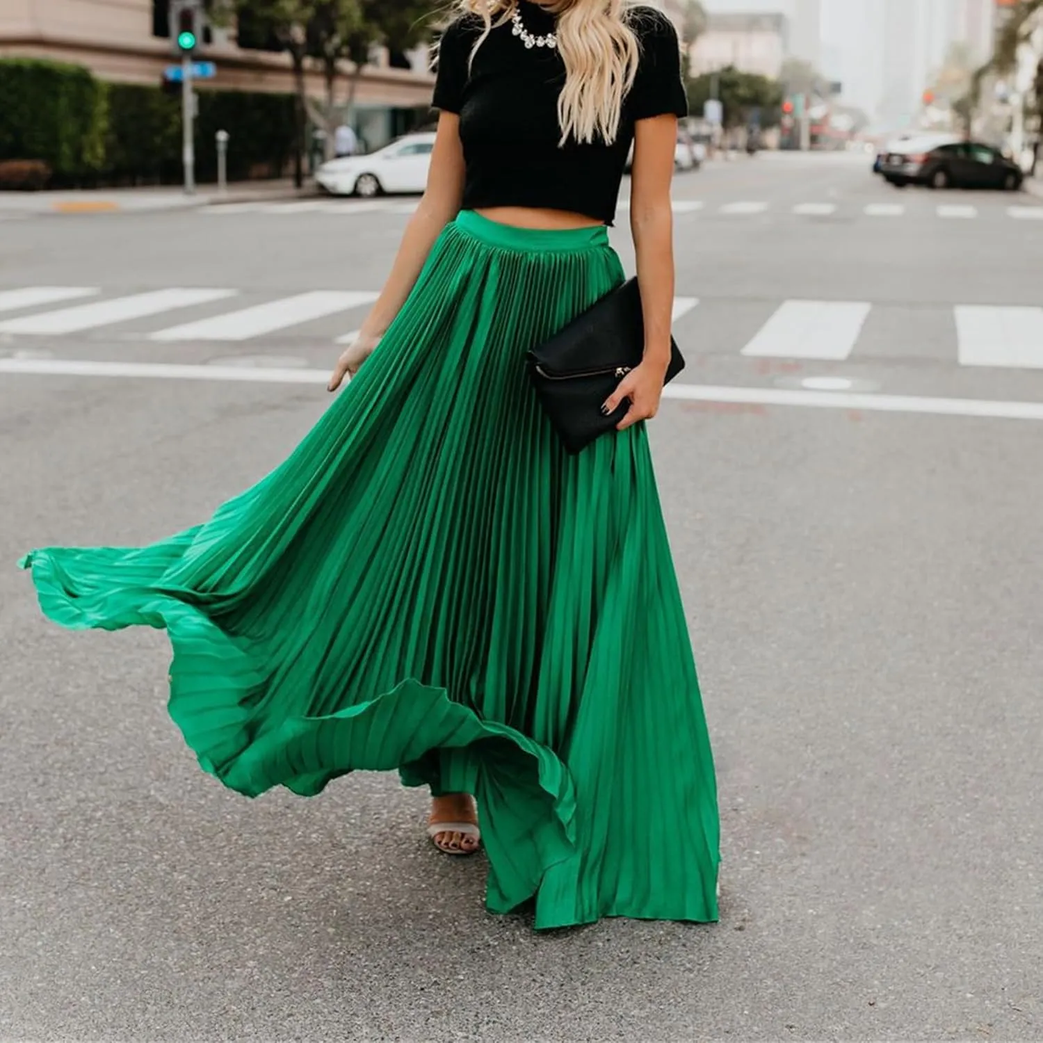 Womens Skirt Midi Long Shirring Skirts High Waisted Swing Boho A Line Skirts Casual Flowy Pleated Chiffon Maxi Skirt