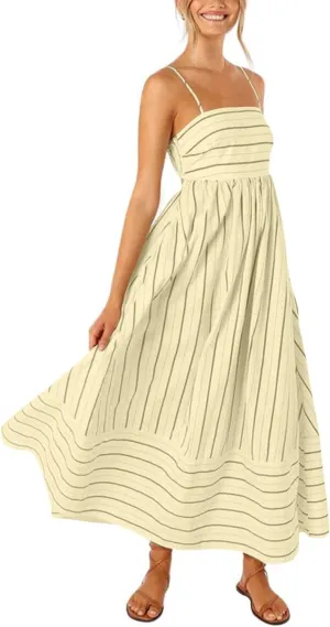 Women's Sleeveless Maxi Dress Striped Print Smocked Sexy Spaghetti Strap Square Neck Flowy Swing Maxi Length Dress
