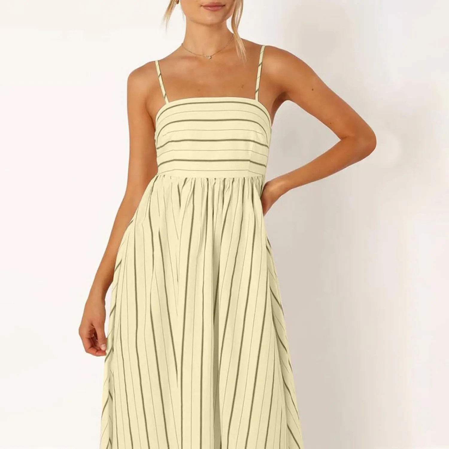 Women's Sleeveless Maxi Dress Striped Print Smocked Sexy Spaghetti Strap Square Neck Flowy Swing Maxi Length Dress