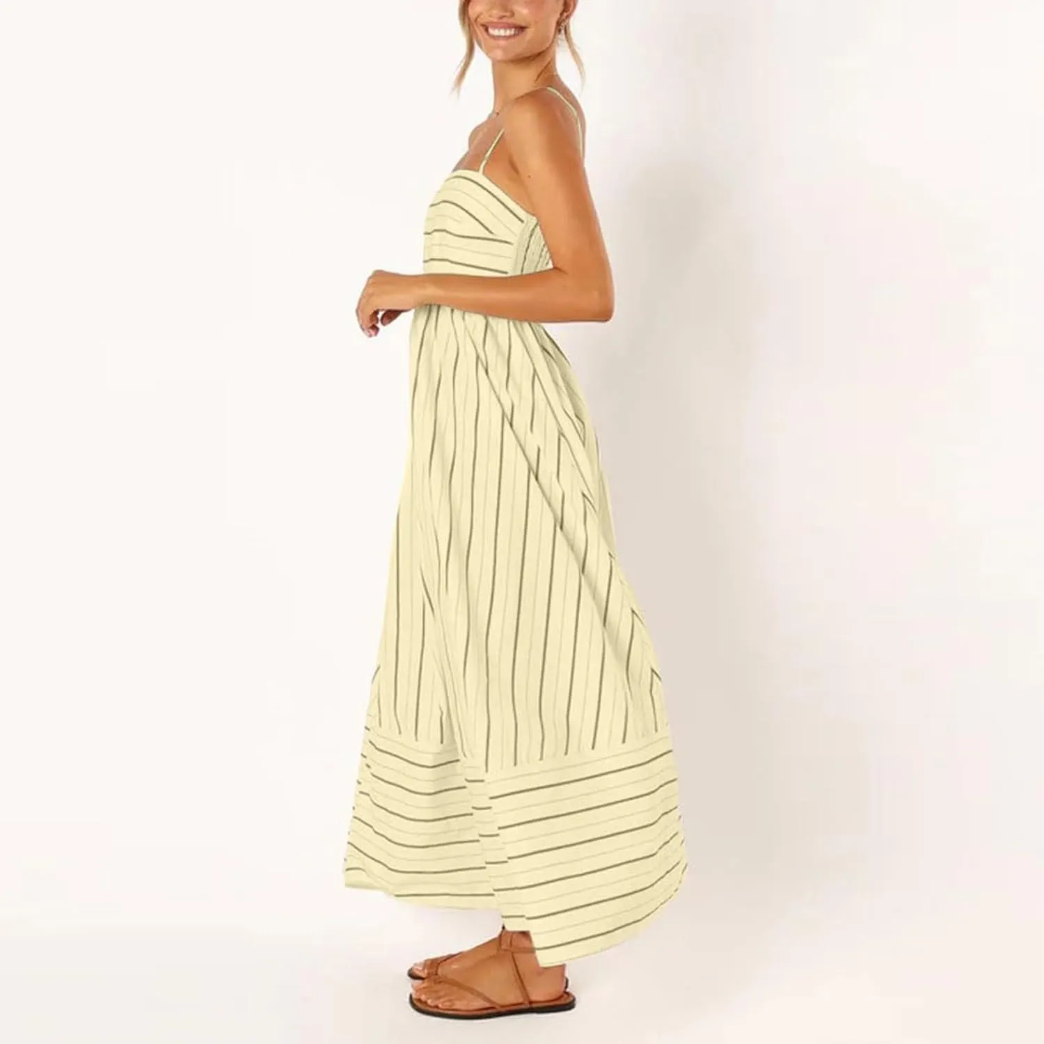 Women's Sleeveless Maxi Dress Striped Print Smocked Sexy Spaghetti Strap Square Neck Flowy Swing Maxi Length Dress