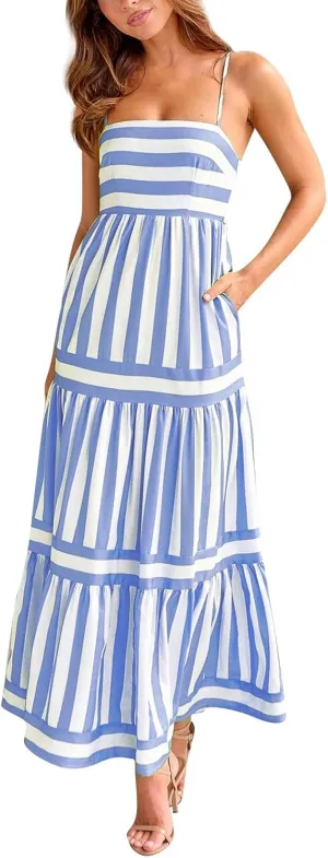 Women's Sleeveless Maxi Dress Striped Print Smocked Sexy Spaghetti Strap Square Neck Flowy Swing Maxi Length Dress
