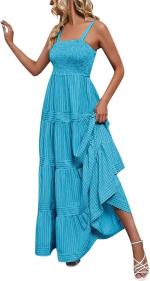 Women's Sleeveless Maxi Dress Striped Print Smocked Sexy Spaghetti Strap Square Neck Flowy Swing Maxi Length Dress