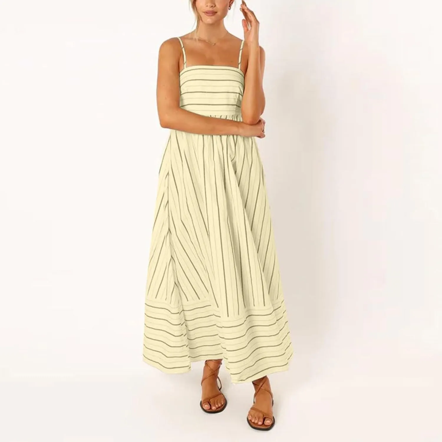 Women's Sleeveless Maxi Dress Striped Print Smocked Sexy Spaghetti Strap Square Neck Flowy Swing Maxi Length Dress