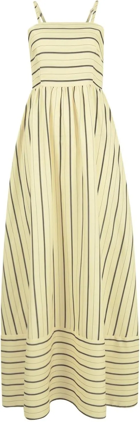 Women's Sleeveless Maxi Dress Striped Print Smocked Sexy Spaghetti Strap Square Neck Flowy Swing Maxi Length Dress