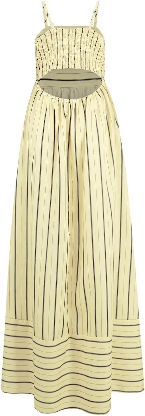 Women's Sleeveless Maxi Dress Striped Print Smocked Sexy Spaghetti Strap Square Neck Flowy Swing Maxi Length Dress