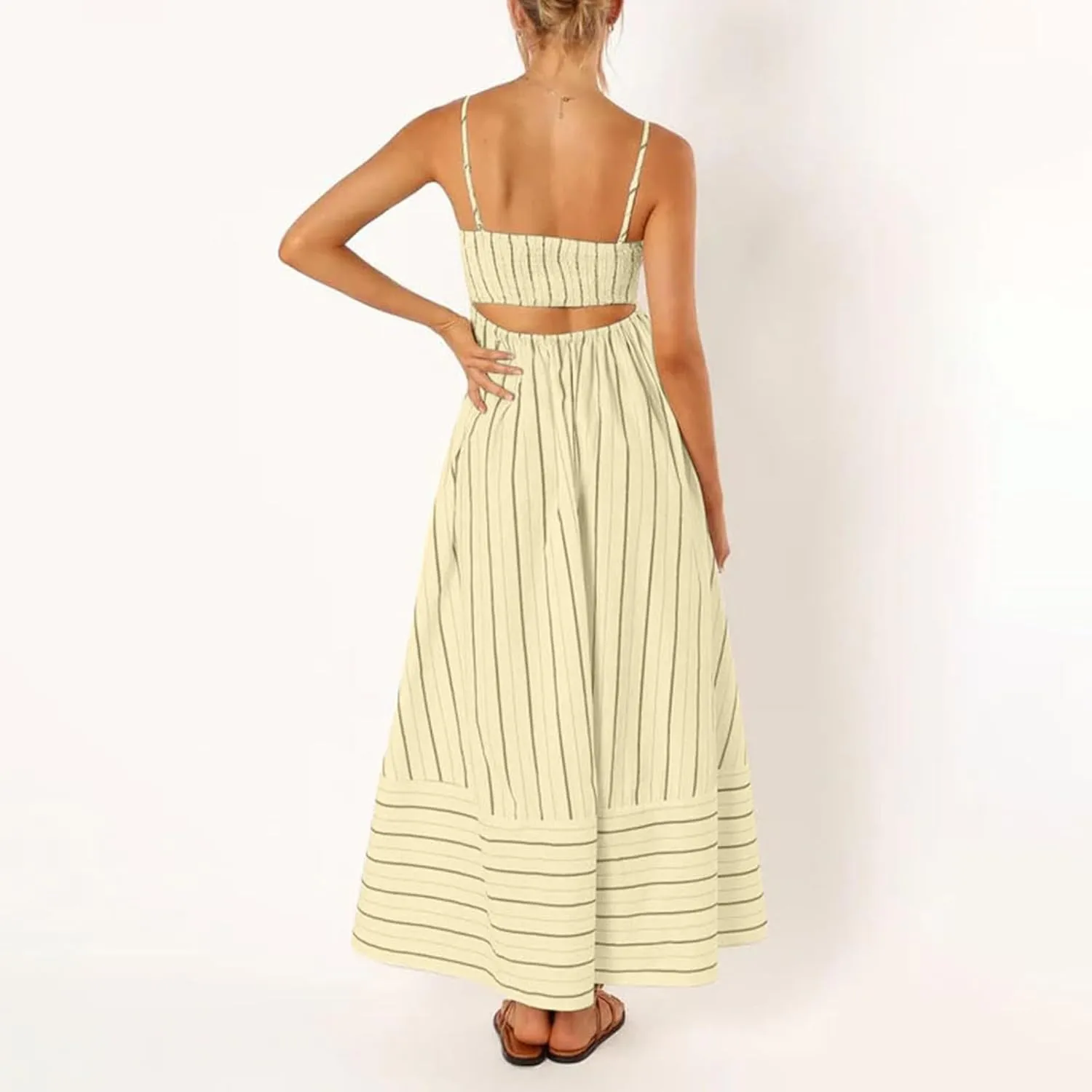 Women's Sleeveless Maxi Dress Striped Print Smocked Sexy Spaghetti Strap Square Neck Flowy Swing Maxi Length Dress