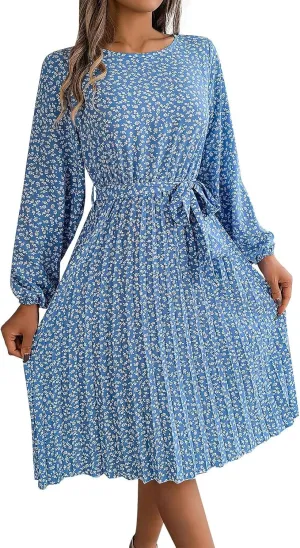 Women's Spring Dress Midi Long Puff Sleeve Wrap V Neck Flowy Pleated Ruffle Dresses Casual A Line Dress with Belt