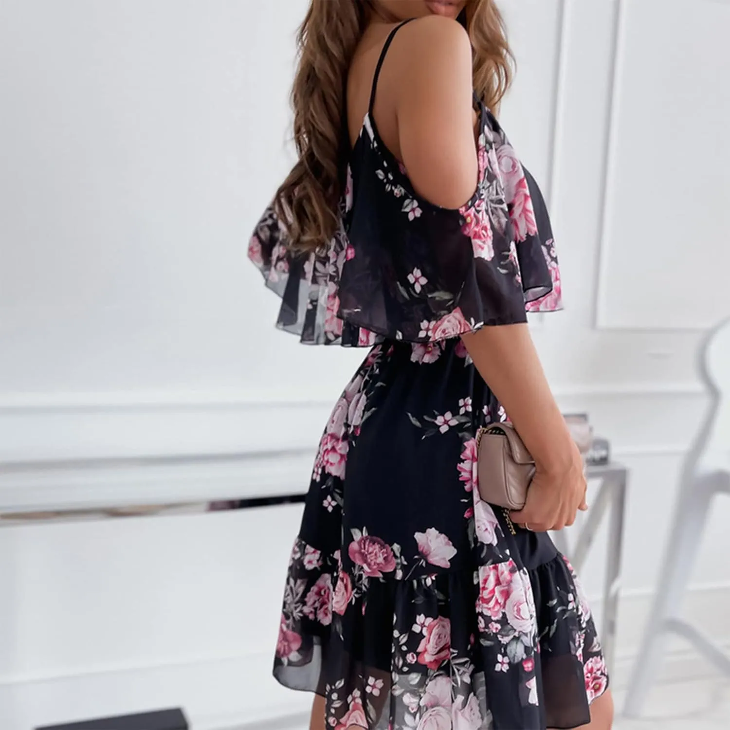 Women's Spring Dresses Casual Long Sleeve V Neck Ruffle Bohemian Floral Print High Waist Flowy Mini Dress with Belt