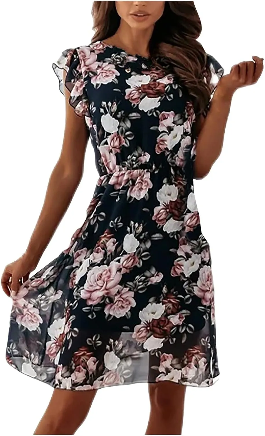 Women's Spring Dresses Casual Long Sleeve V Neck Ruffle Bohemian Floral Print High Waist Flowy Mini Dress with Belt