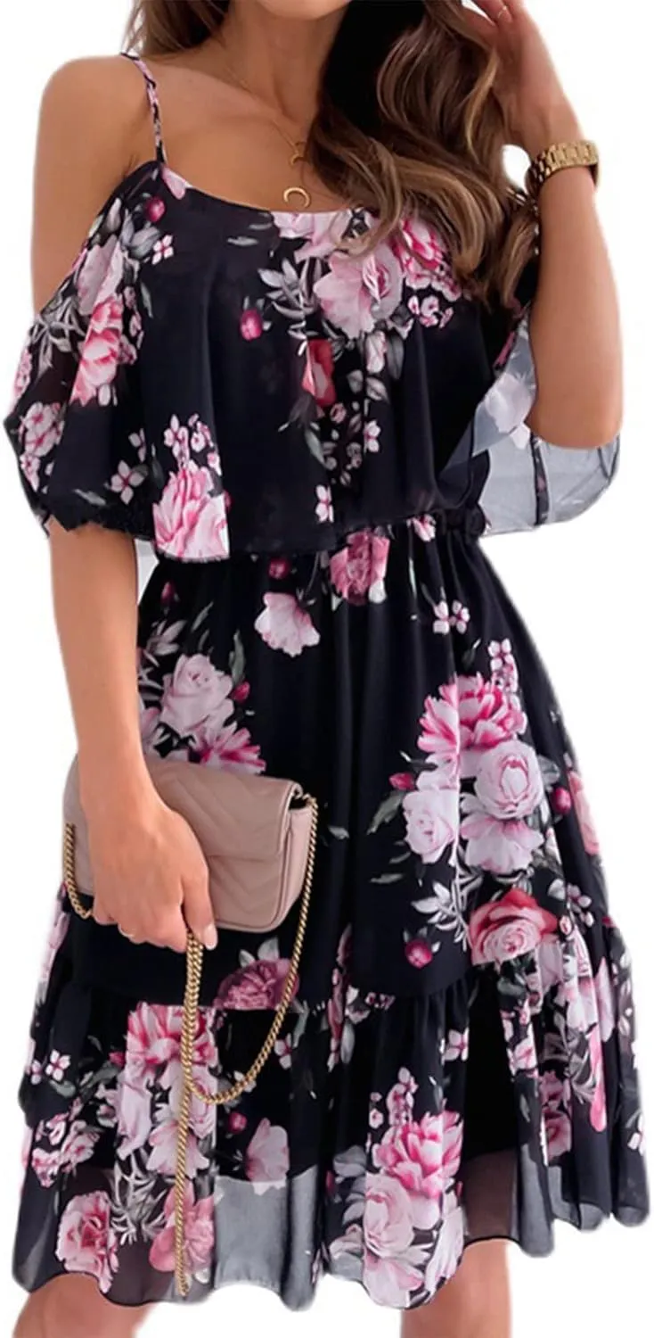 Women's Spring Dresses Casual Long Sleeve V Neck Ruffle Bohemian Floral Print High Waist Flowy Mini Dress with Belt
