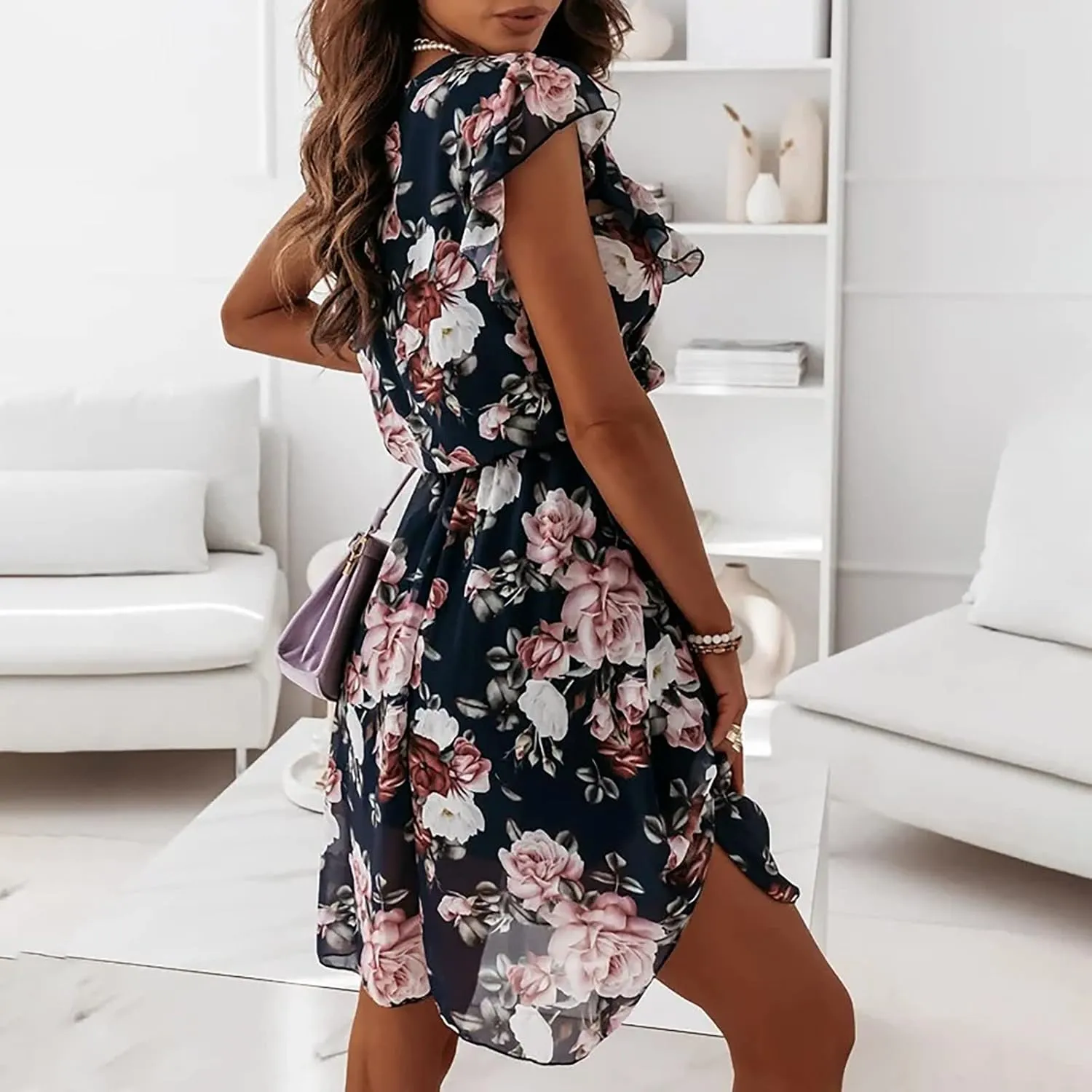 Women's Spring Dresses Casual Long Sleeve V Neck Ruffle Bohemian Floral Print High Waist Flowy Mini Dress with Belt