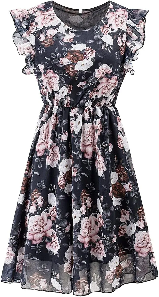 Women's Spring Dresses Casual Long Sleeve V Neck Ruffle Bohemian Floral Print High Waist Flowy Mini Dress with Belt